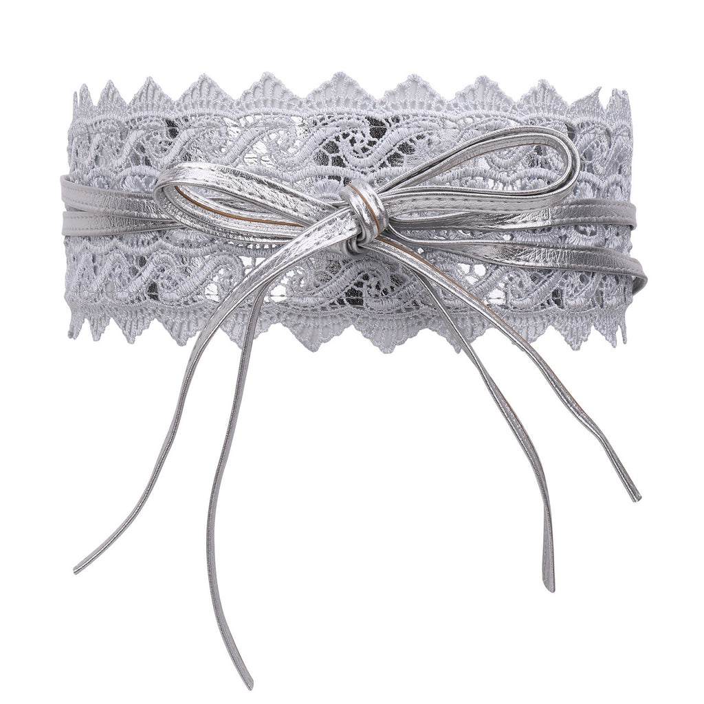 4"/10cm x 250cm Wide Waist Crochet Floral Lace Belt - Silver