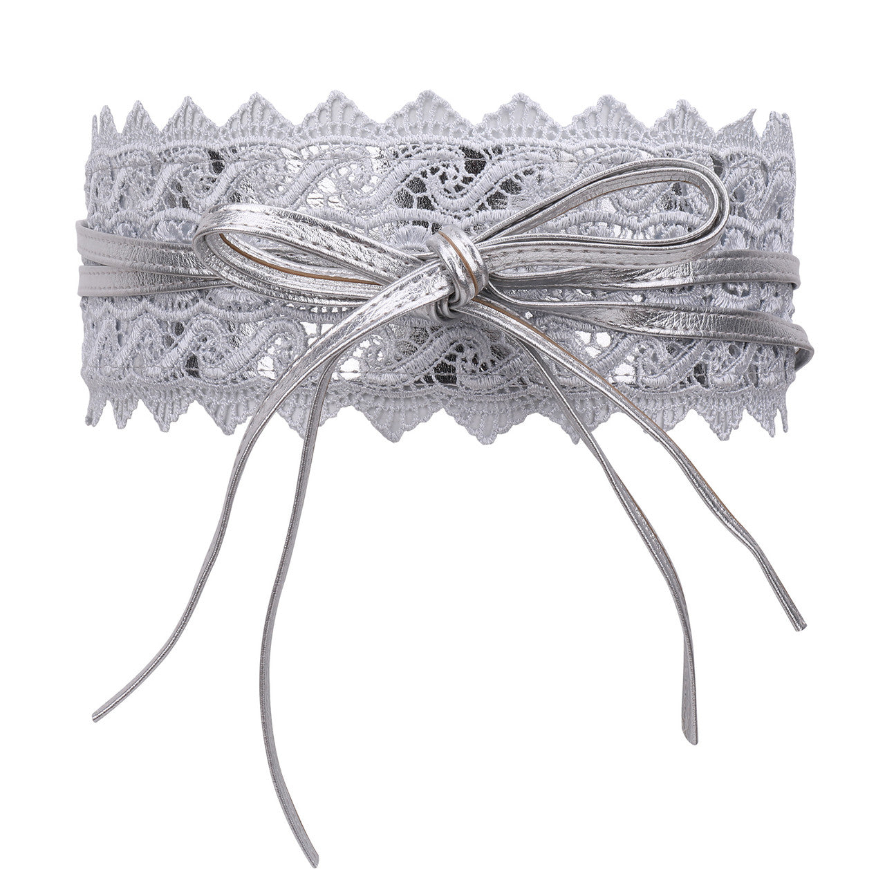 4"/10cm x 250cm Wide Waist Crochet Floral Lace Belt - Silver