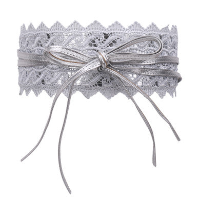 4"/10cm x 250cm Wide Waist Crochet Floral Lace Belt - Silver