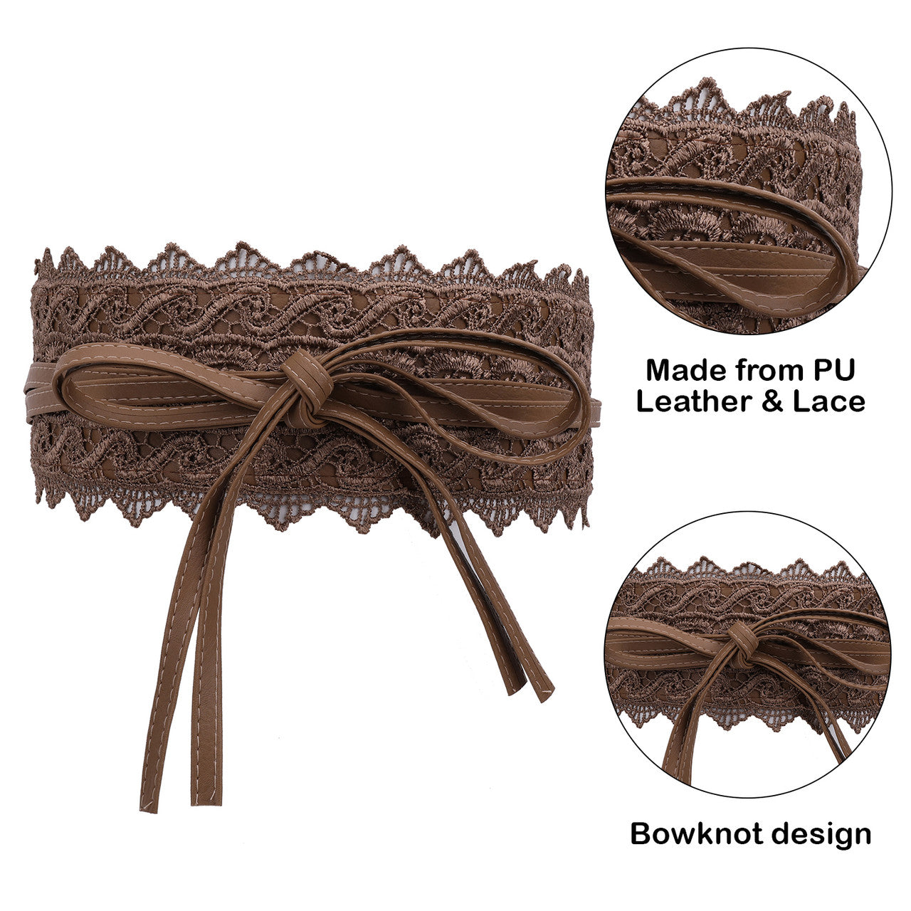 4"/10cm x 250cm Wide Waist Crochet Floral Lace Belt - Brown