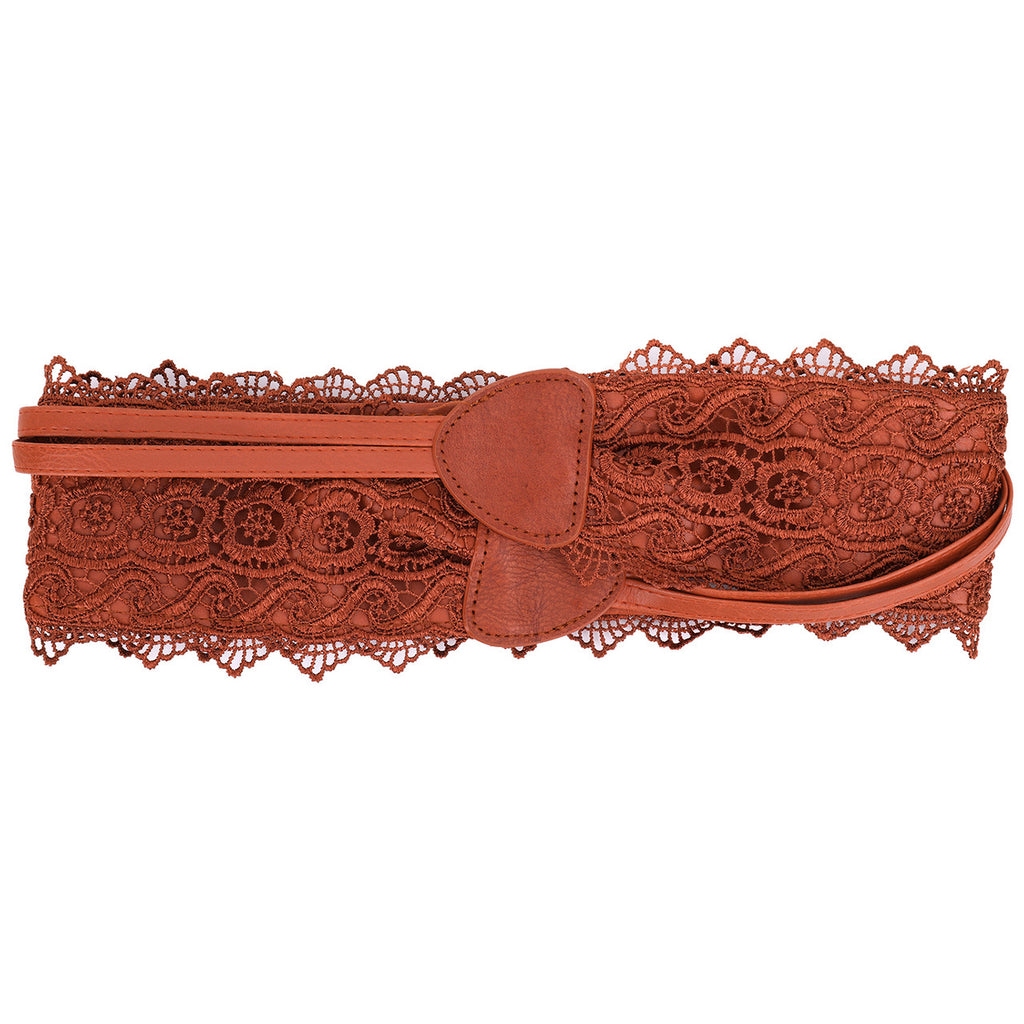 4"/10cm x 250cm Wide Waist Crochet Floral Lace Belt - Tan
