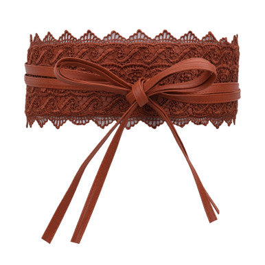 4"/10cm x 250cm Wide Waist Crochet Floral Lace Belt - Tan
