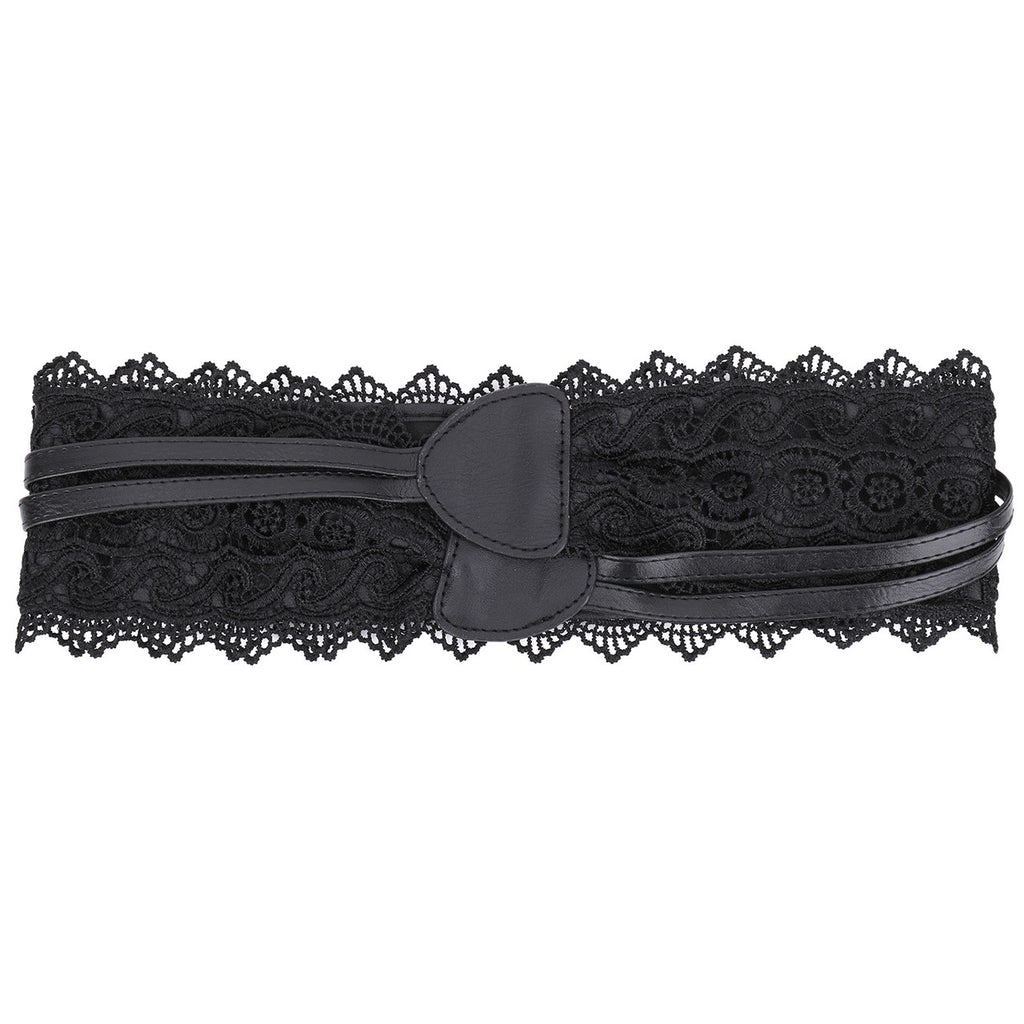 4"/10cm x 250cm Wide Waist Crochet Floral Lace Belt - Black