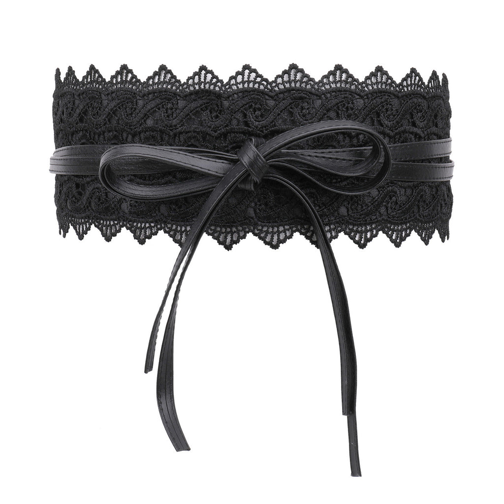 4"/10cm x 250cm Wide Waist Crochet Floral Lace Belt - Black