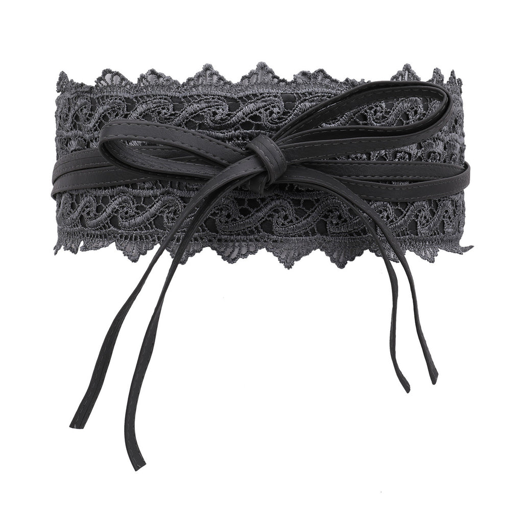 4"/10cm x 250cm Wide Waist Crochet Floral Lace Belt - Grey