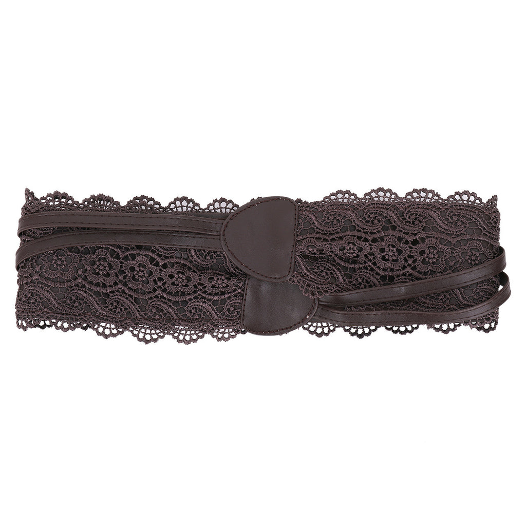 4"/10cm x 250cm Wide Waist Crochet Floral Lace Belt - Coffee