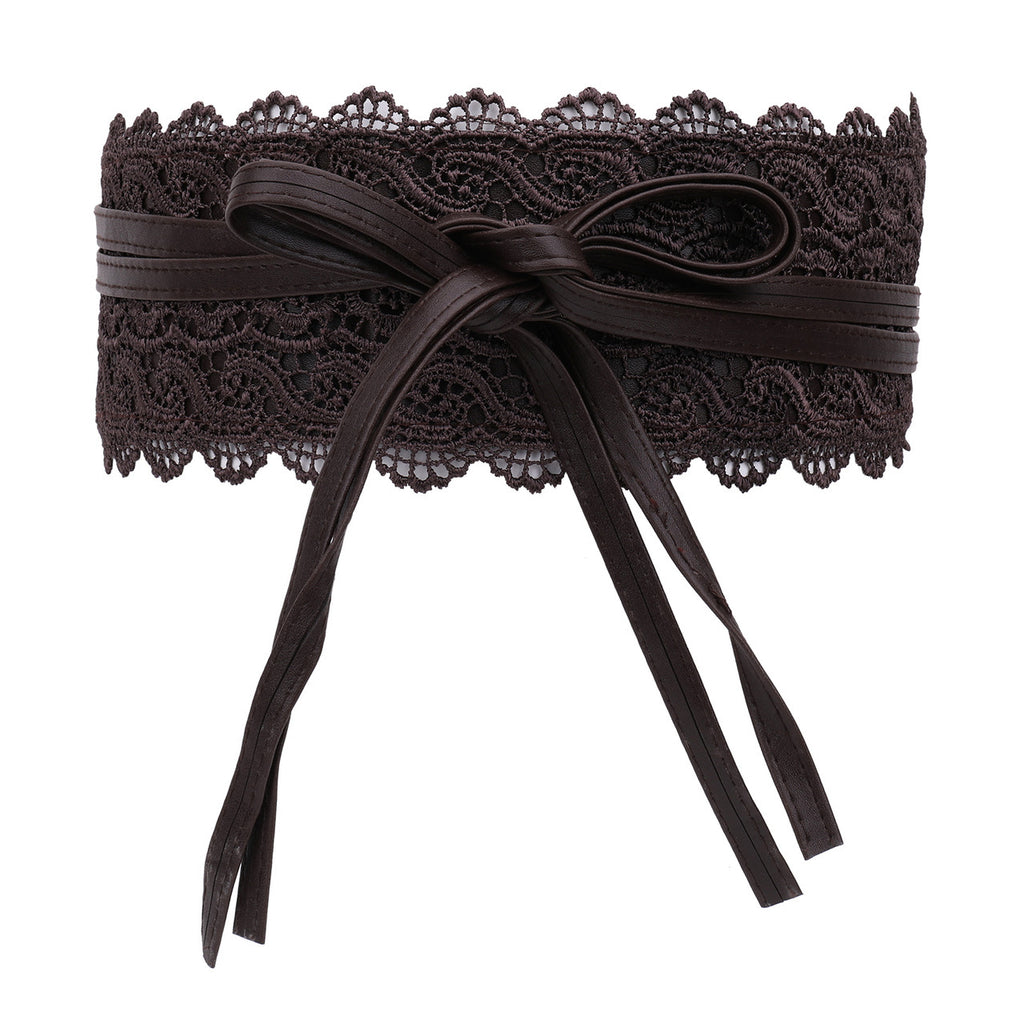 4"/10cm x 250cm Wide Waist Crochet Floral Lace Belt - Coffee