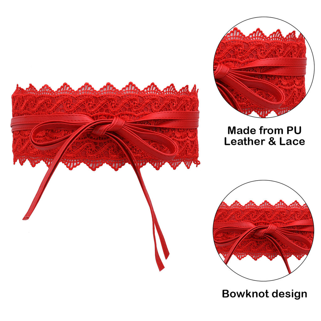 4"/10cm x 250cm Wide Waist Crochet Floral Lace Belt - Red