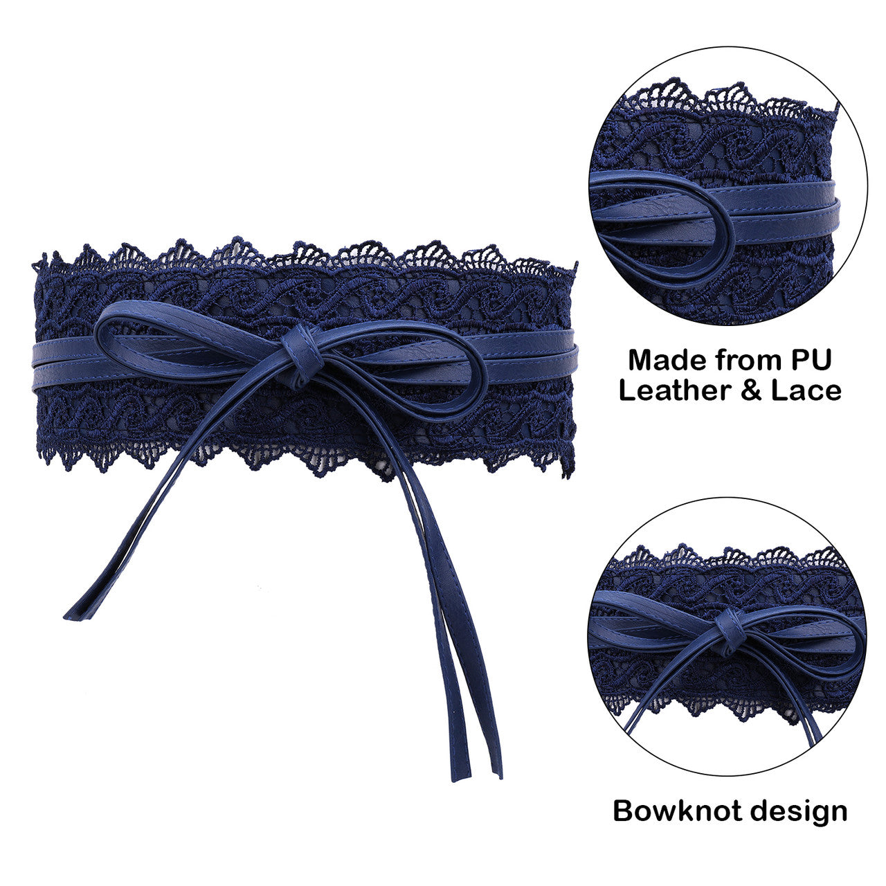 4"/10cm x 250cm Wide Waist Crochet Floral Lace Belt - Navy