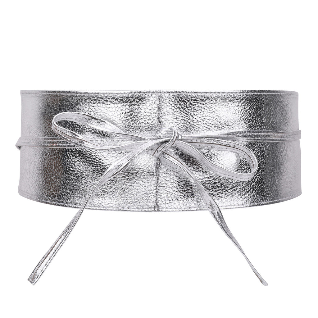9.5cm x 250cm Wide Waist Crochet Cinch Soft PU Belt - Silver