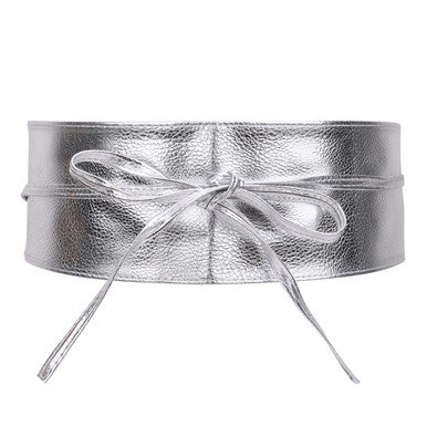 9.5cm x 250cm Wide Waist Crochet Cinch Soft PU Belt - Silver