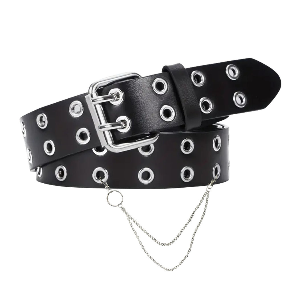 Black Double Grommet PU Leather Waist Belt with Chain