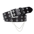 Black Double Grommet PU Leather Waist Belt with Chain