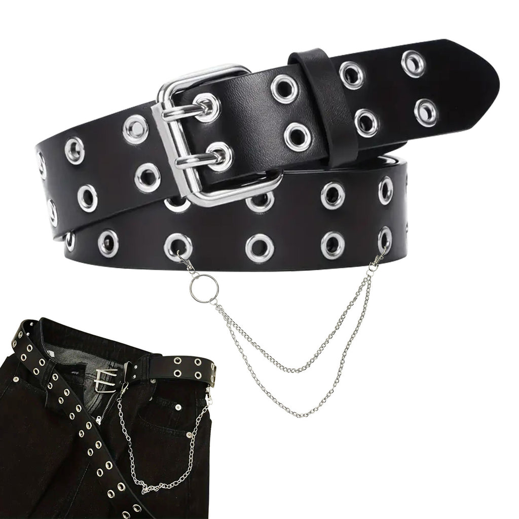 Black Double Grommet PU Leather Waist Belt with Chain