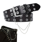 Black Double Grommet PU Leather Waist Belt with Chain