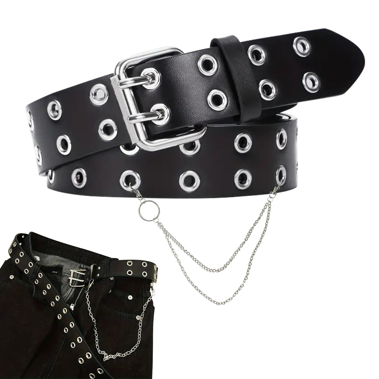 Black Double Grommet PU Leather Waist Belt with Chain