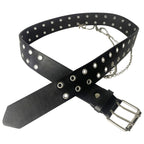 Black Double Grommet PU Leather Waist Belt with Chain