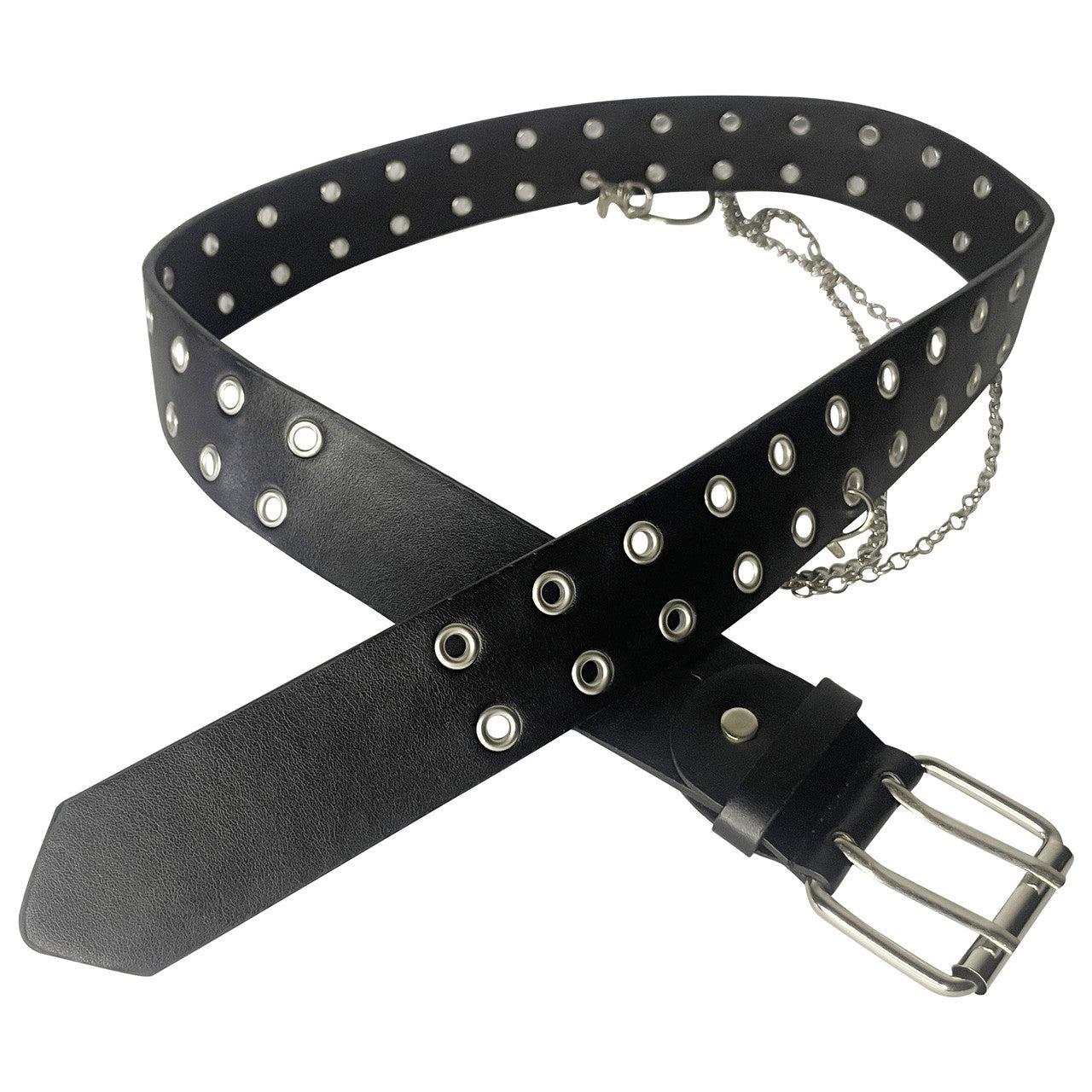 Black Double Grommet PU Leather Waist Belt with Chain