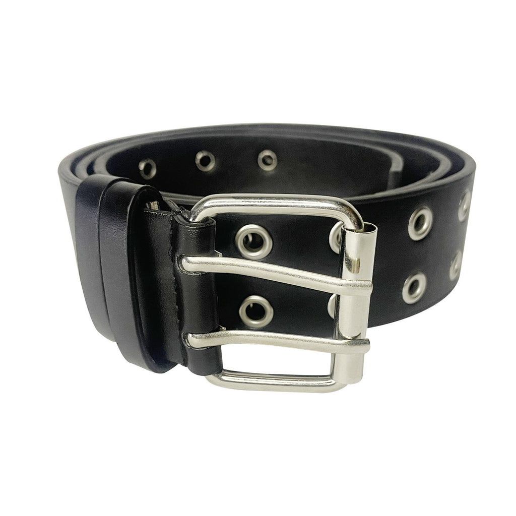 Black Double Grommet PU Leather Waist Belt with Chain