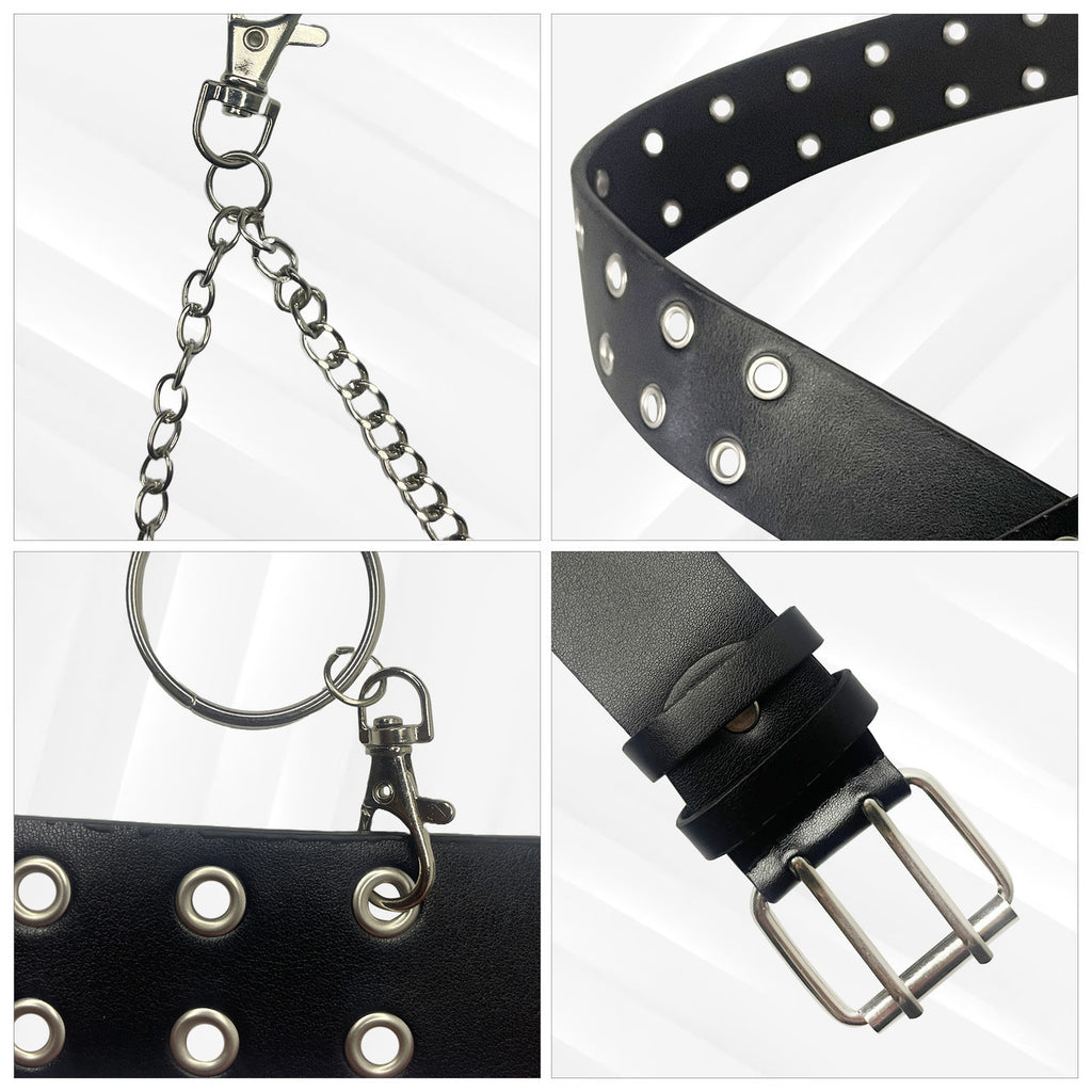 Black Double Grommet PU Leather Waist Belt with Chain
