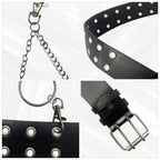 Black Double Grommet PU Leather Waist Belt with Chain