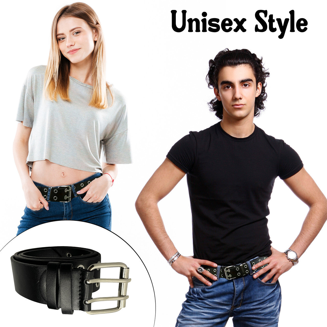 Black Double Grommet PU Leather Waist Belt with Chain