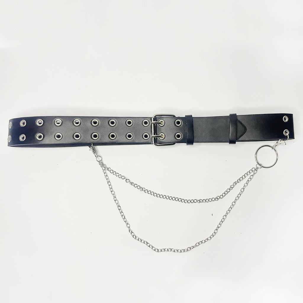 Black Double Grommet PU Leather Waist Belt with Chain