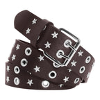Brown Double Grommet & Star Stud PU Leather Waist Belt
