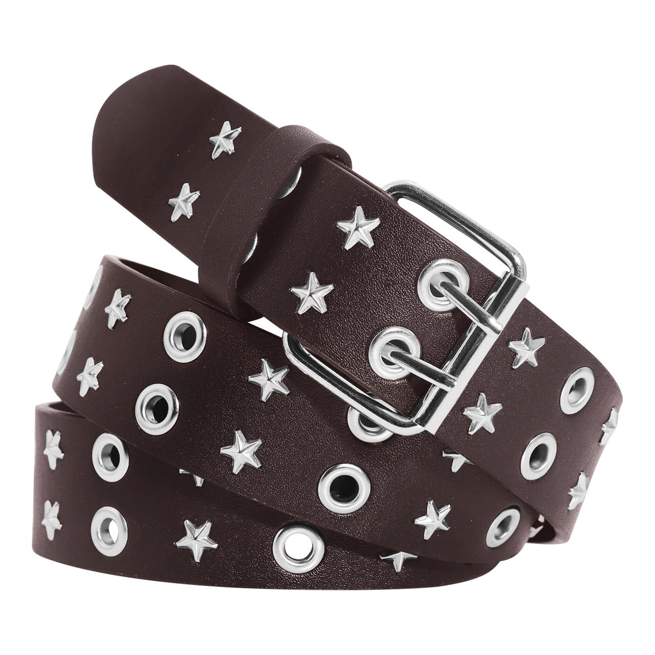 Brown Double Grommet & Star Stud PU Leather Waist Belt