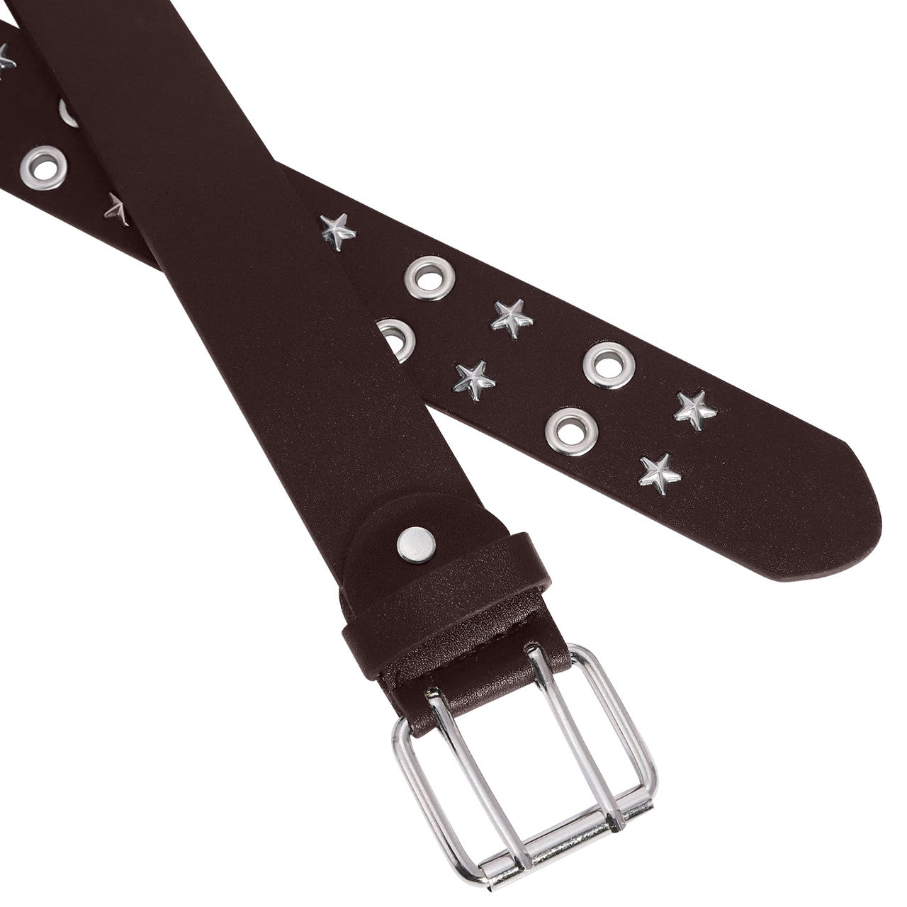 Brown Double Grommet & Star Stud PU Leather Waist Belt