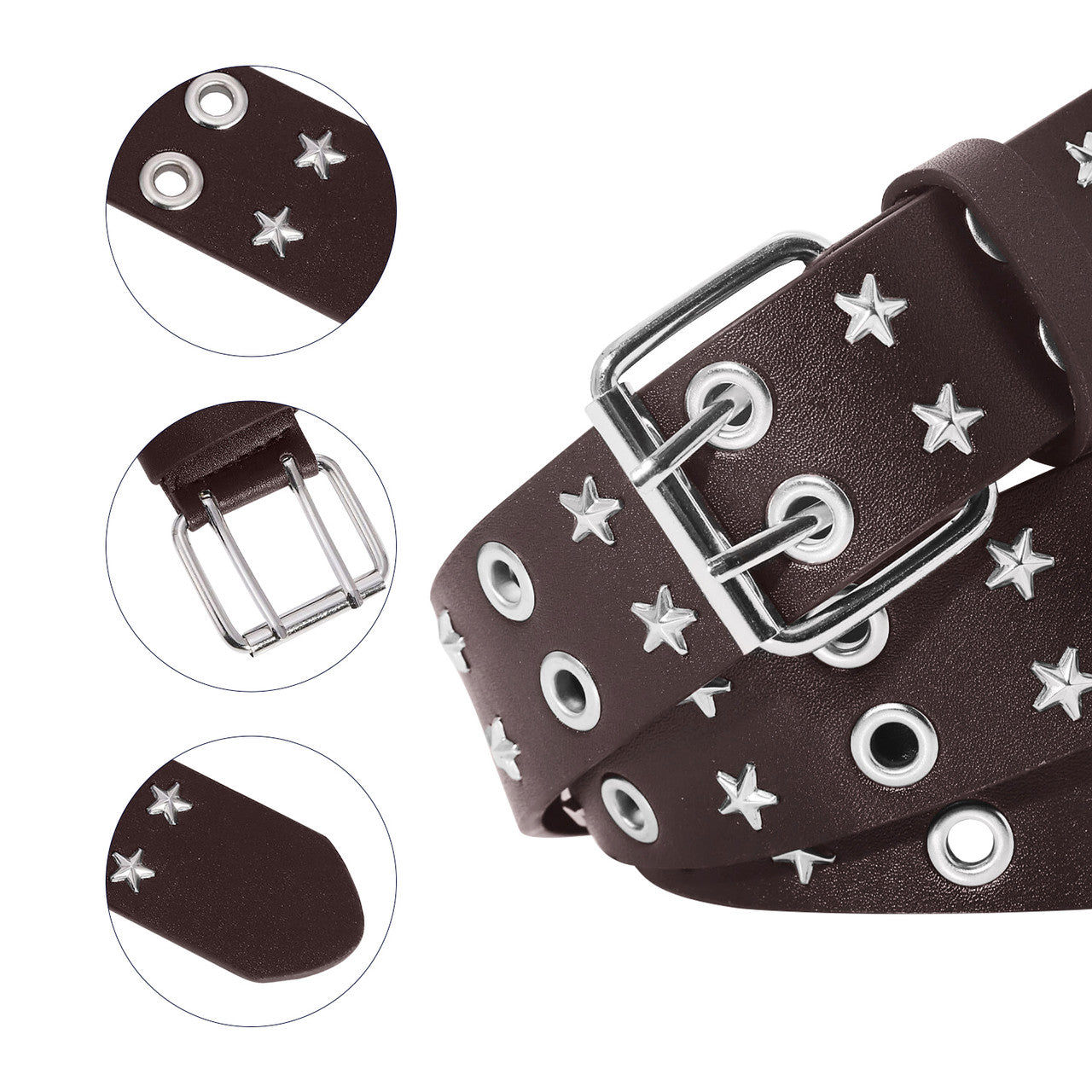 Brown Double Grommet & Star Stud PU Leather Waist Belt
