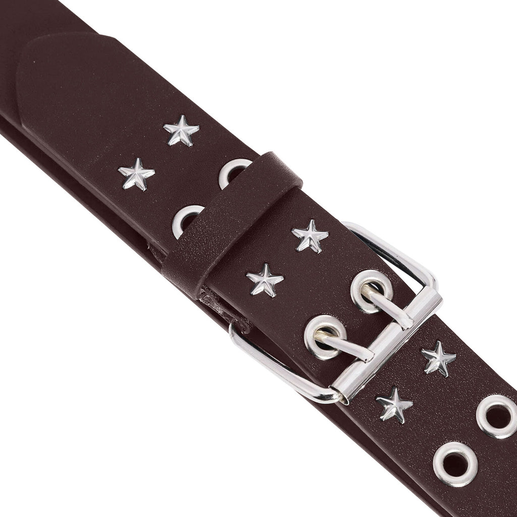 Brown Double Grommet & Star Stud PU Leather Waist Belt