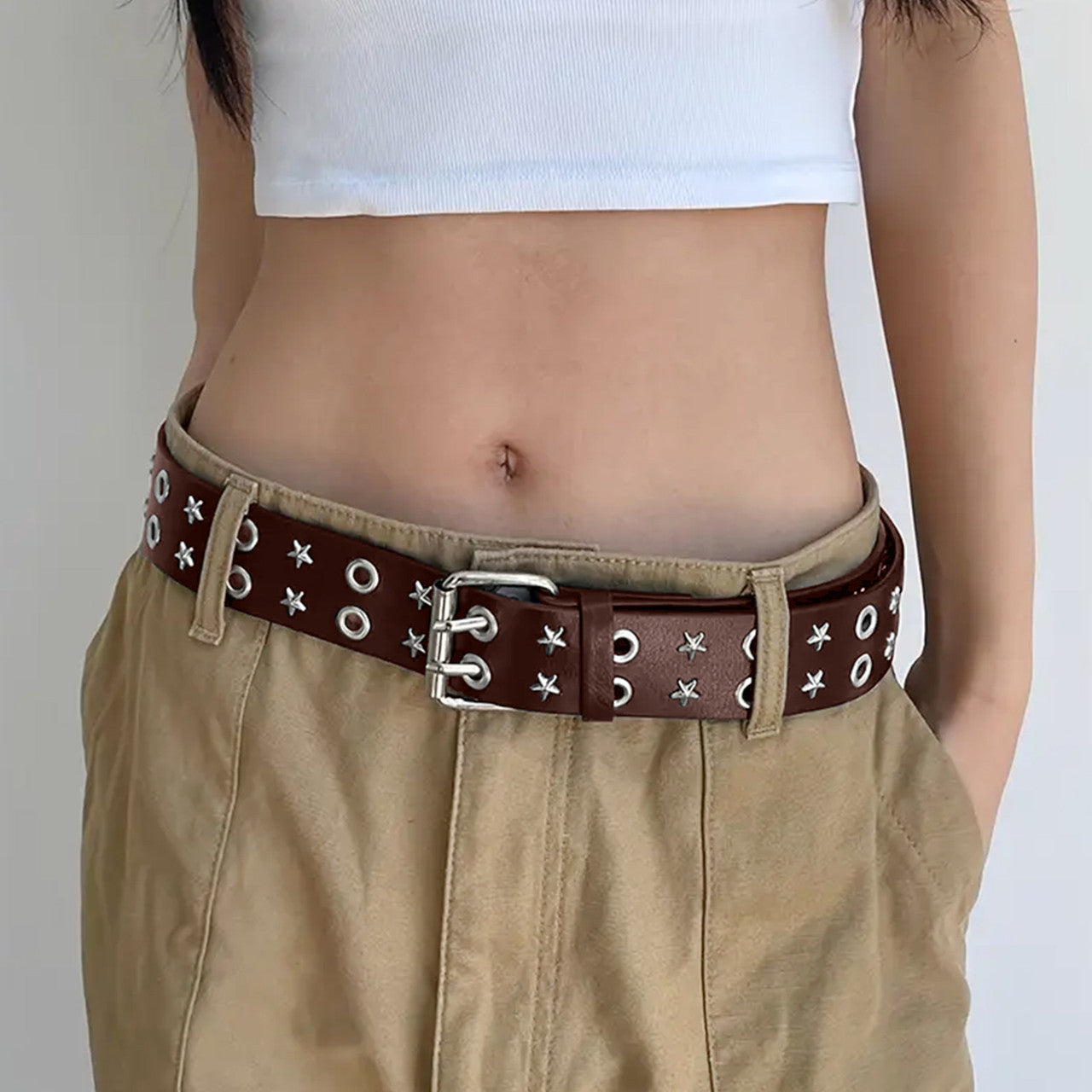 Brown Double Grommet & Star Stud PU Leather Waist Belt
