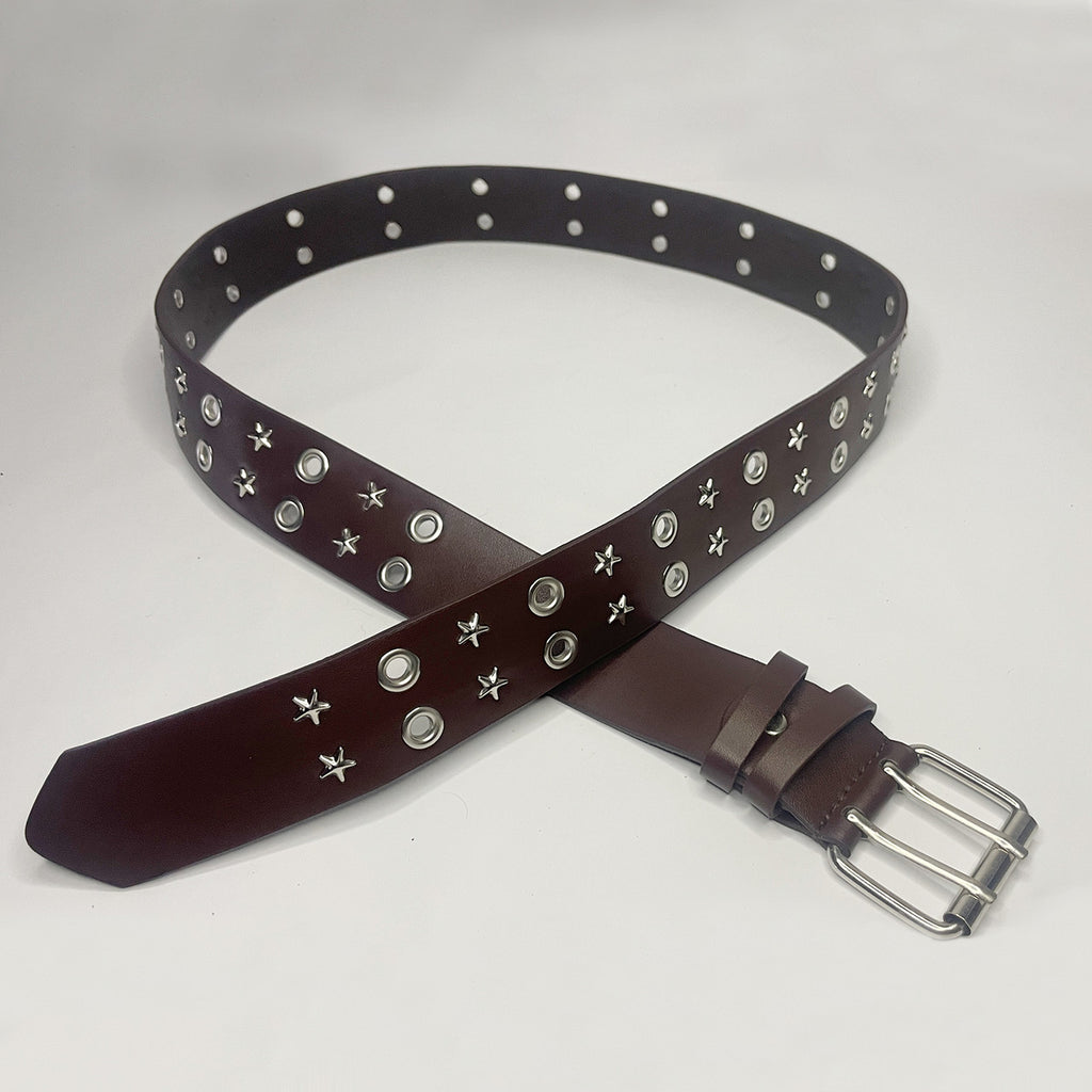 Brown Double Grommet & Star Stud PU Leather Waist Belt