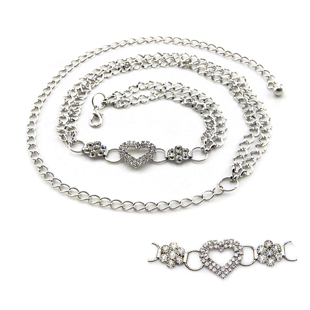 Metal Chain Belt with Heart Buckle and Flowers Design