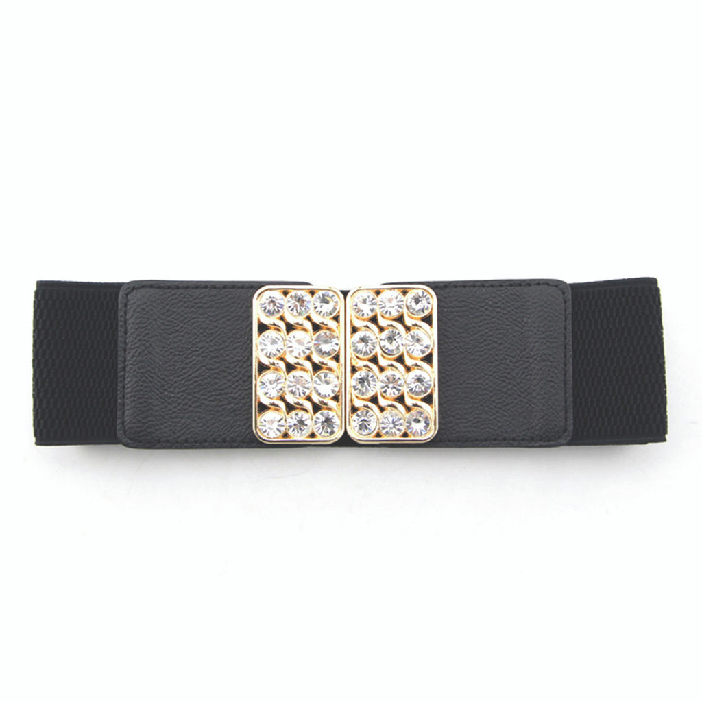 Elasticated Belt with Diamante Studded Buckle - Black