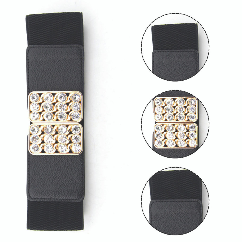 Elasticated Belt with Diamante Studded Buckle - Black