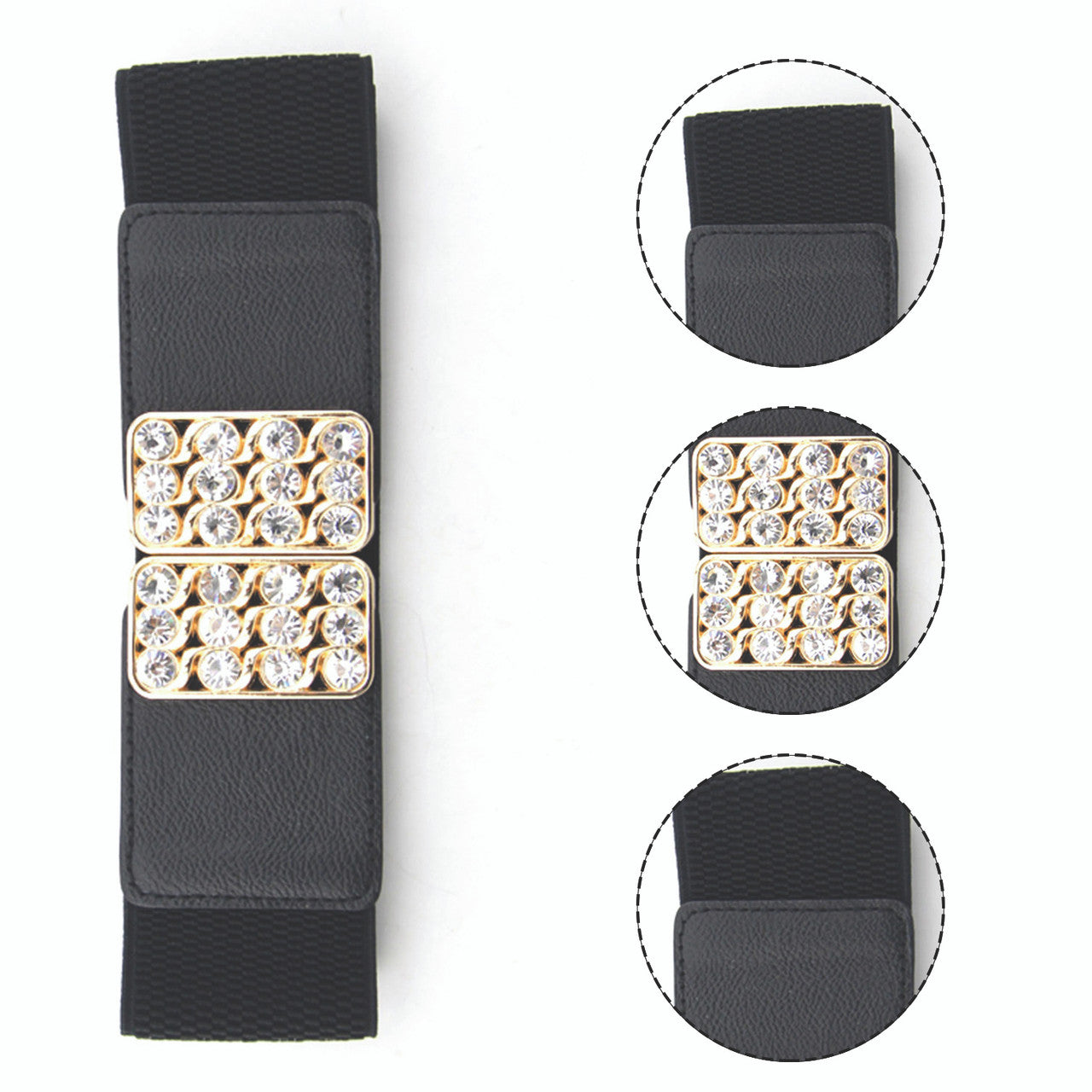 Elasticated Belt with Diamante Studded Buckle - Black
