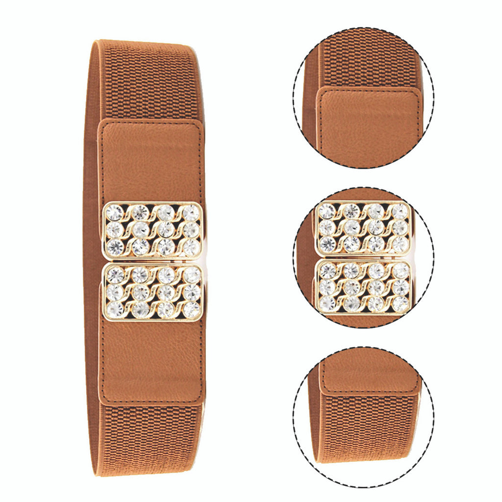 Elasticated Belt with Diamante Studded Buckle - Brown