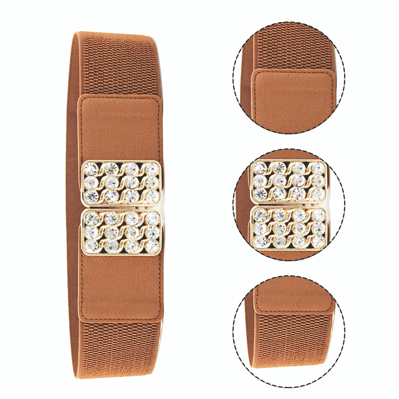 Elasticated Belt with Diamante Studded Buckle - Brown