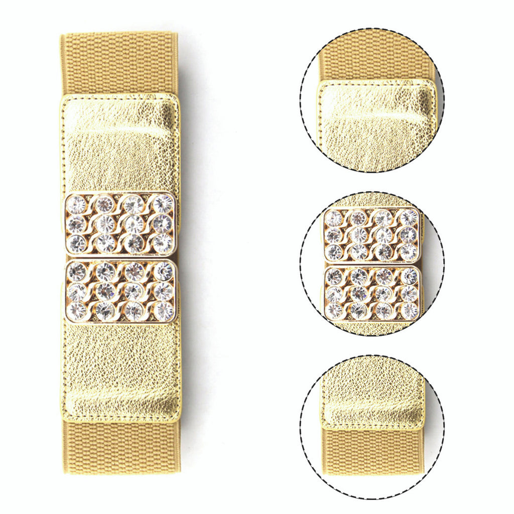 Elasticated Belt with Diamante Studded Buckle - Gold