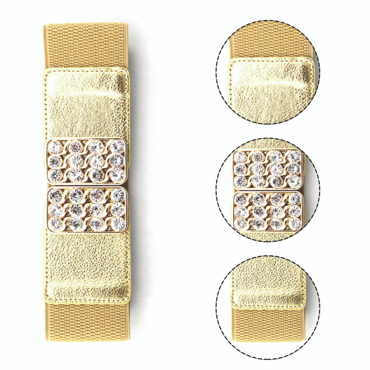 Elasticated Belt with Diamante Studded Buckle - Gold