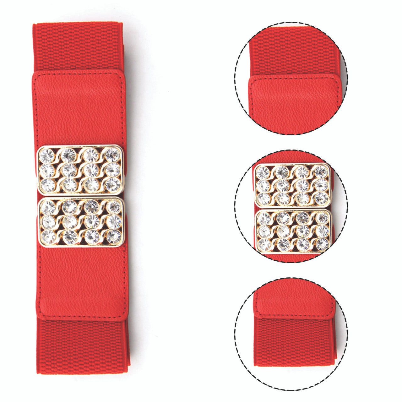 Elasticated Belt with Diamante Studded Buckle - Red