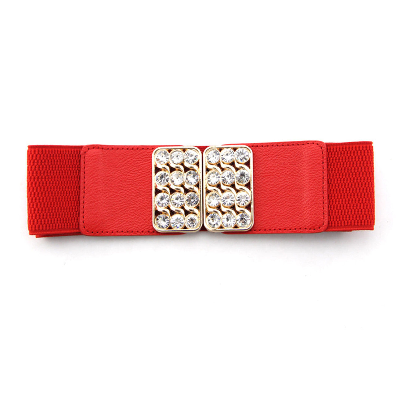 Elasticated Belt with Diamante Studded Buckle - Red