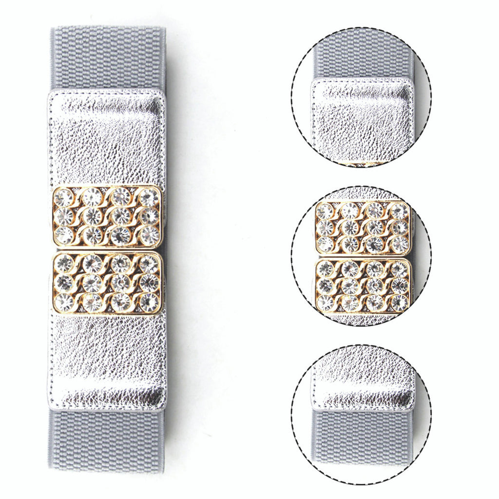 Elasticated Belt with Diamante Studded Buckle - Silver