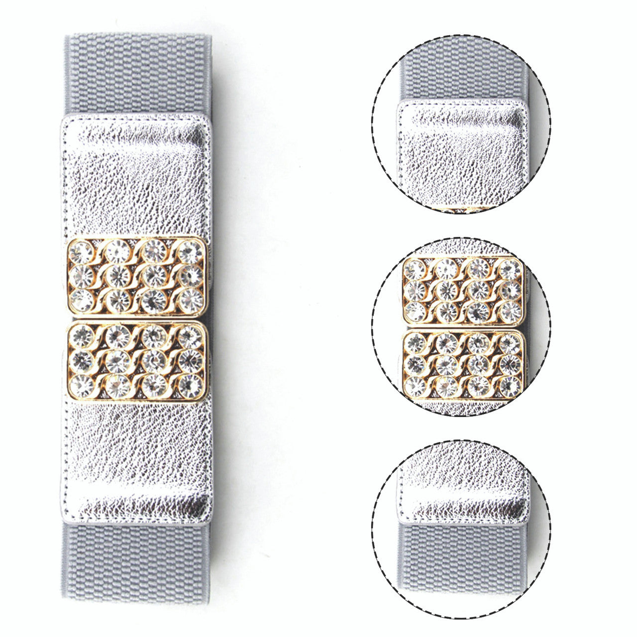 Elasticated Belt with Diamante Studded Buckle - Silver