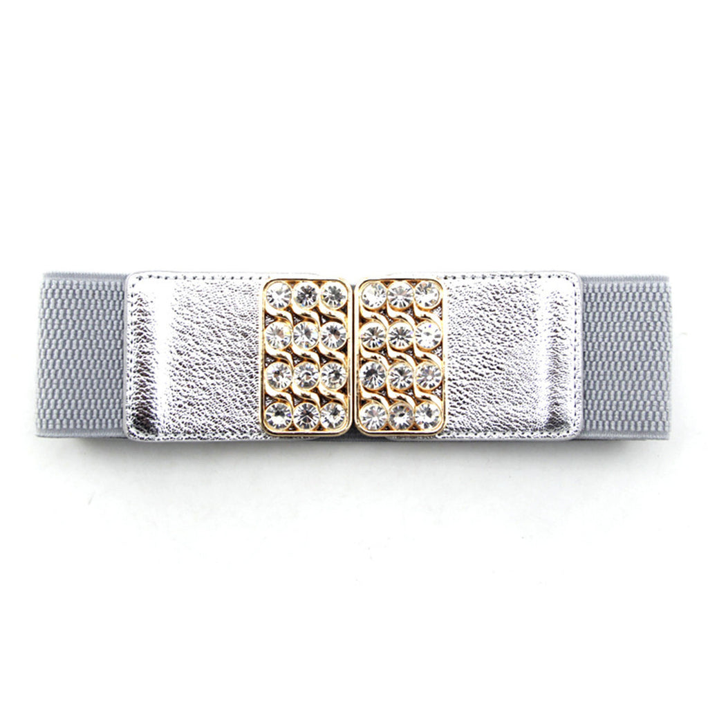 Elasticated Belt with Diamante Studded Buckle - Silver