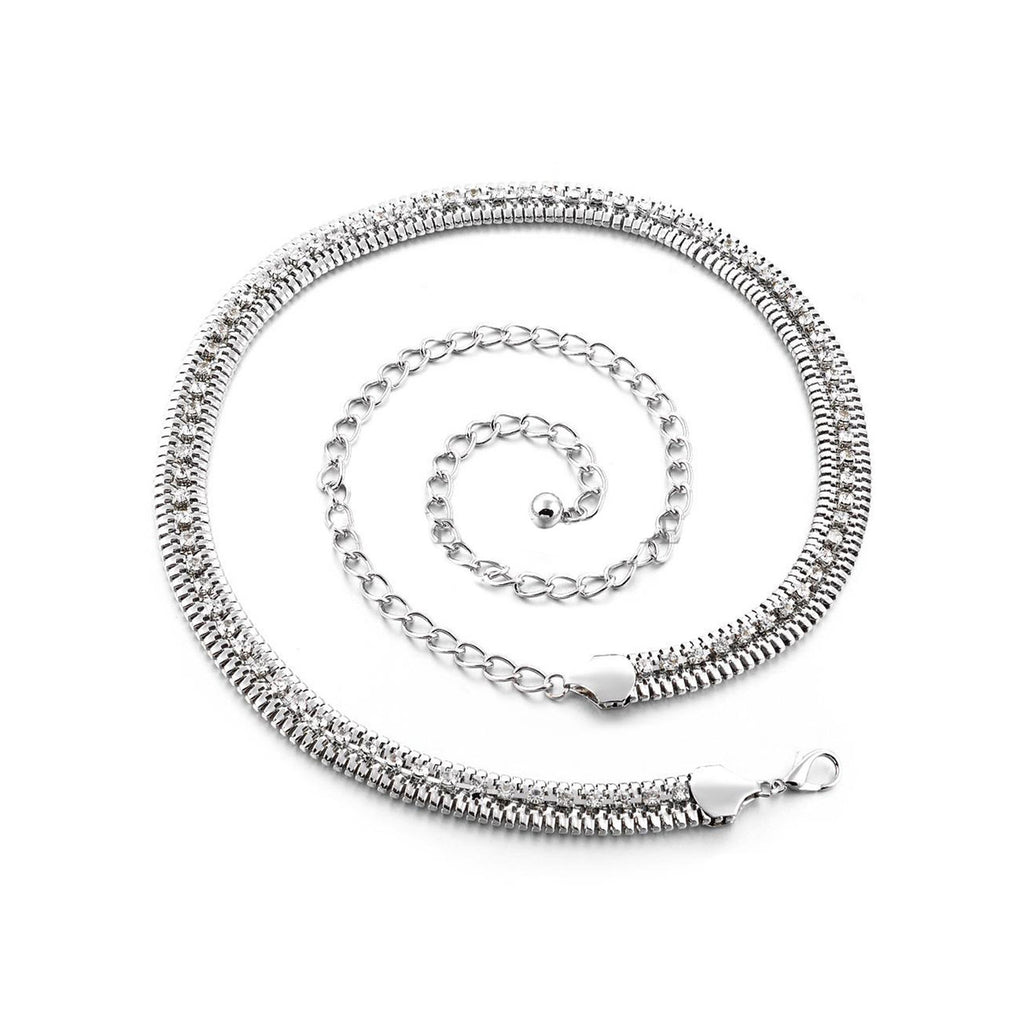 Diamante Chain Belt with Metal Row - Silver