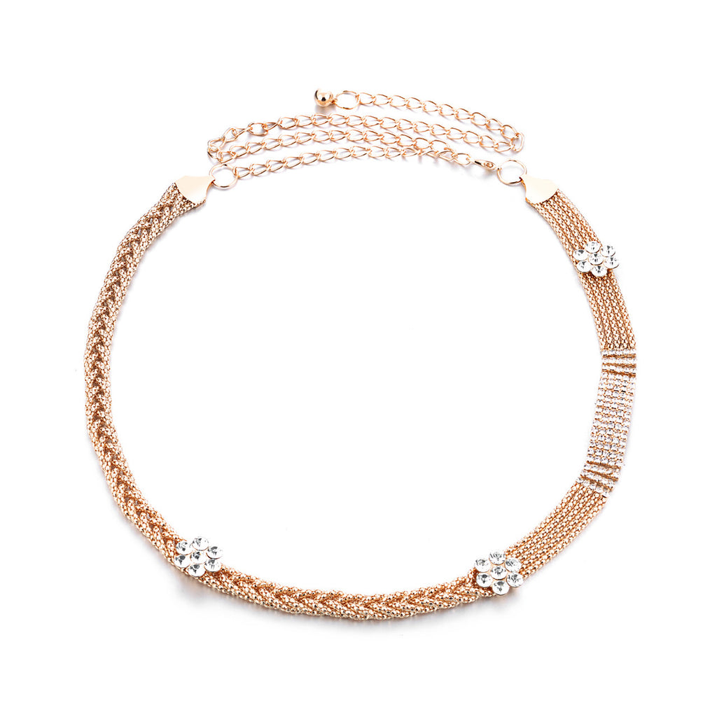 Diamante Mesh Belt with Flower Charms - Gold