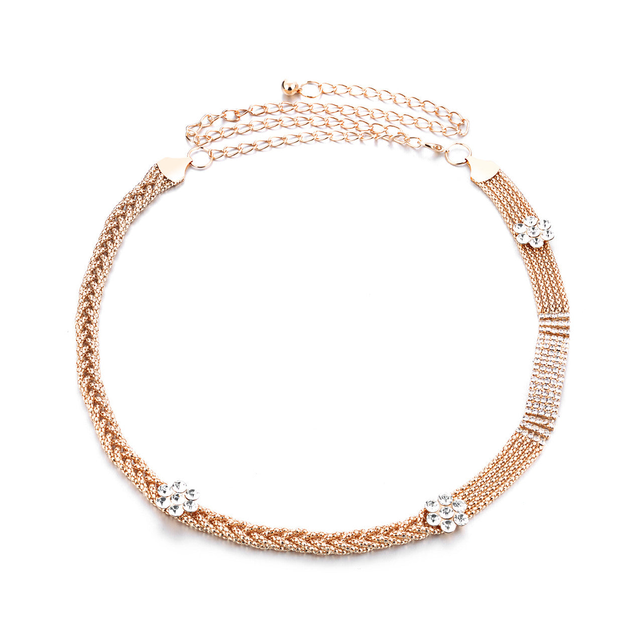 Diamante Mesh Belt with Flower Charms - Gold